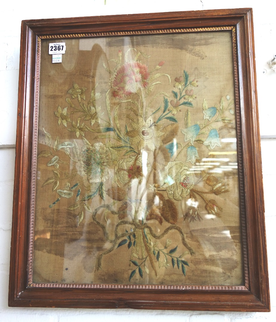 Appraisal: An early Victorian embroidered panel still life flowers framed and