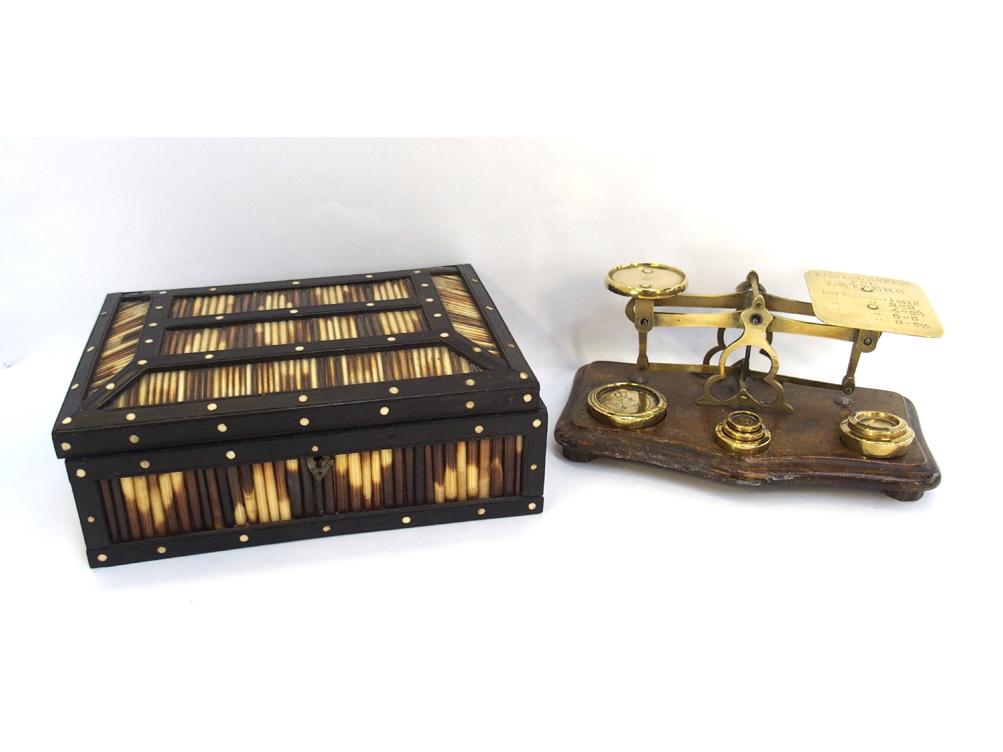 Appraisal: Set of brass postal scales and a porcupine quill box