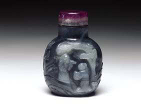 Appraisal: SUZHOU SCHOOL JADE SNUFF BOTTLE Finely hollowed Chinese carved black