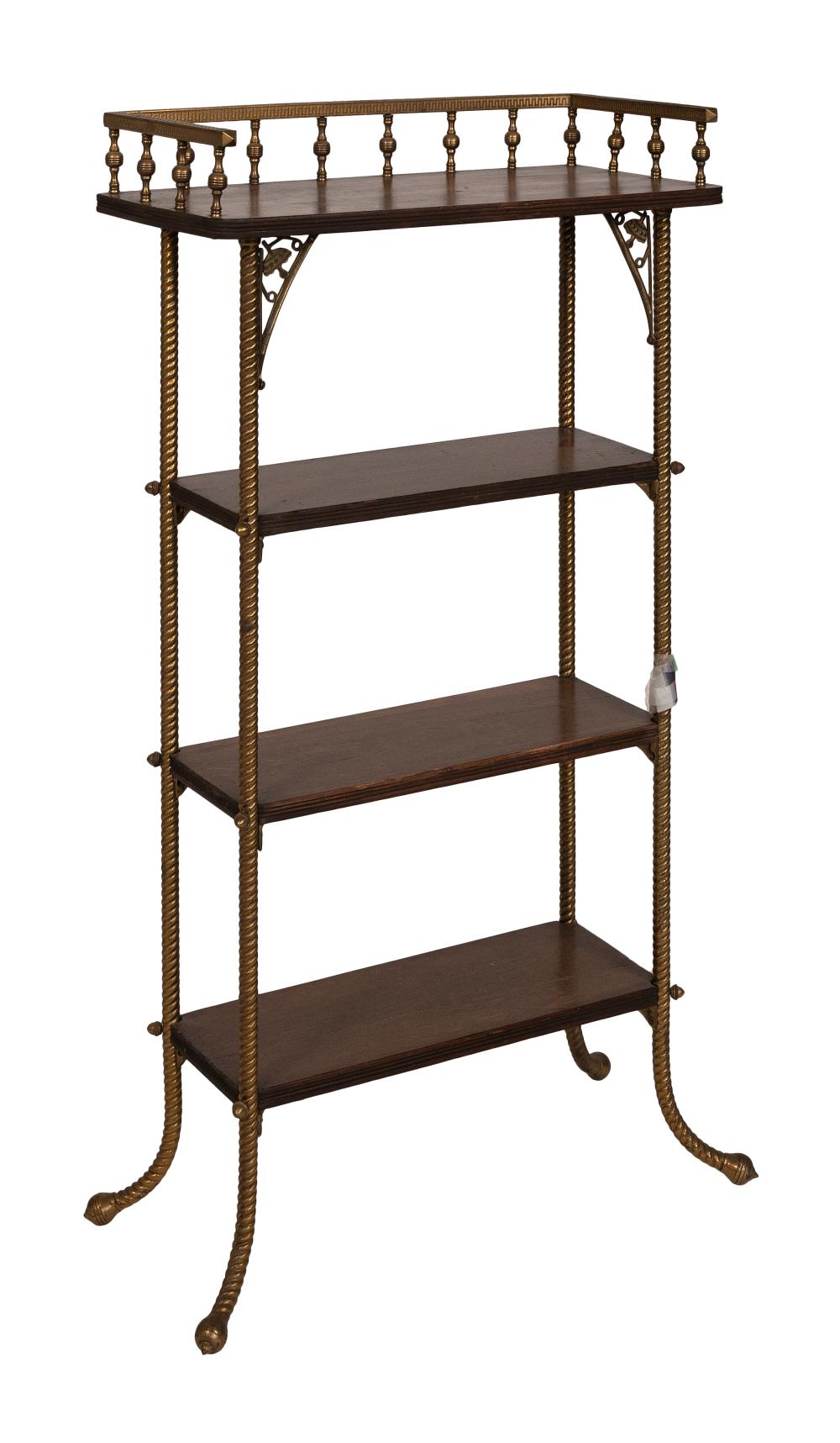 Appraisal: AESTHETIC DESIGN BRASS AND WALNUT BOOKSHELF LATE TH EARLY TH