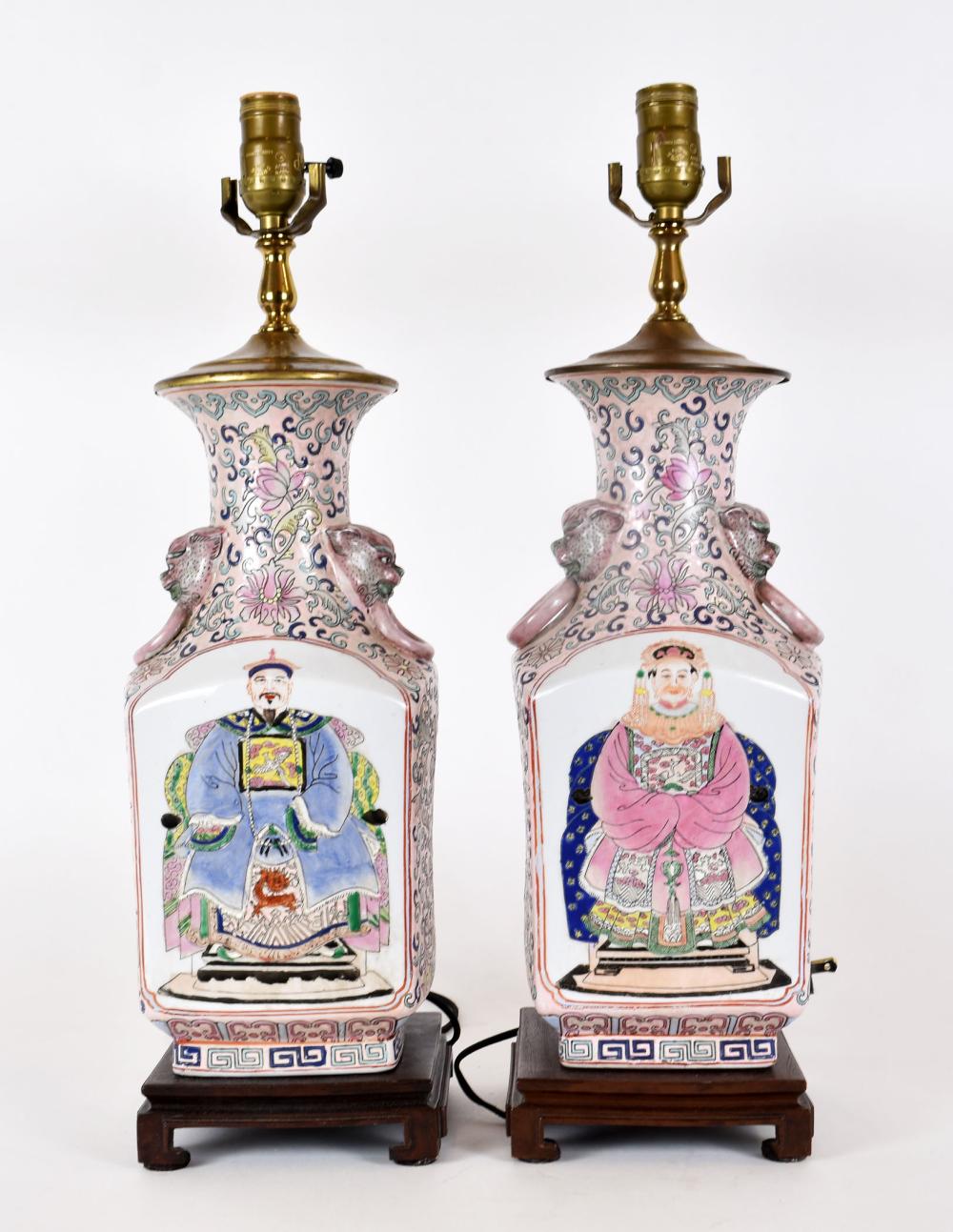 Appraisal: PAIR OF CHINESE ENAMEL DECORATED PORCELAIN LAMPSModern Each square in