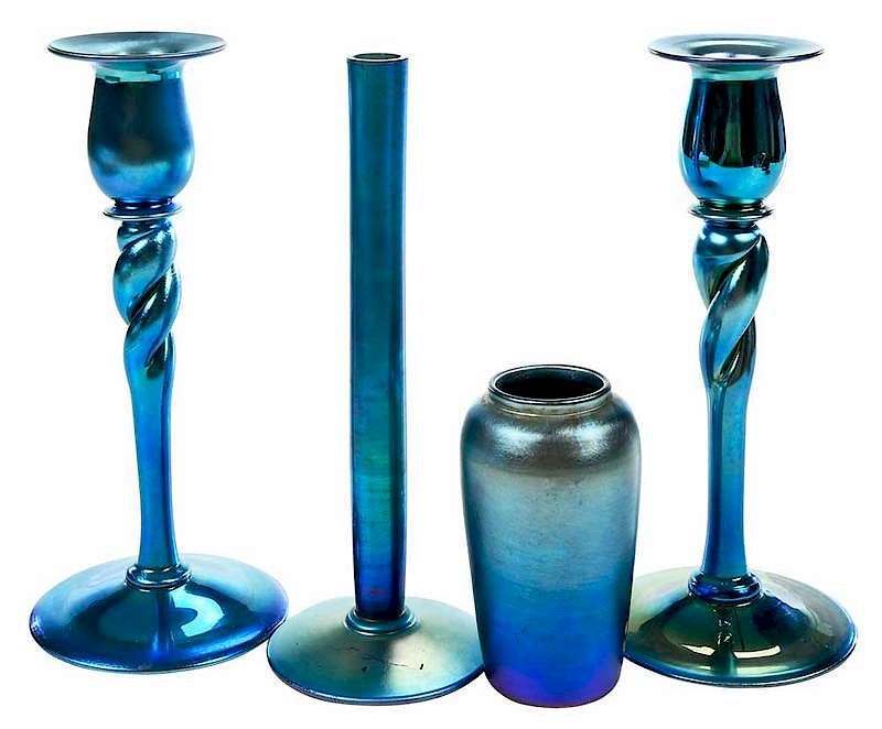 Appraisal: Four Pieces Steuben Aurene Blue Glass American early th century