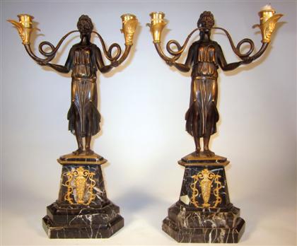 Appraisal: Pair of Empire style gilt and patinated Bronze candelabraEach cast