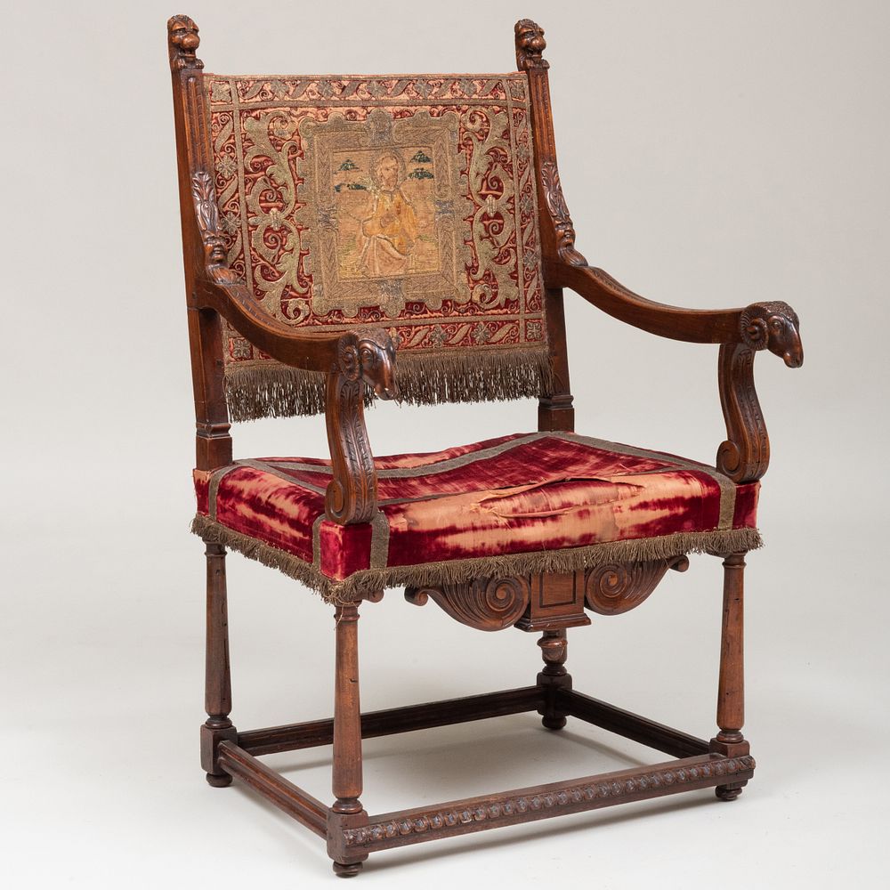 Appraisal: Henri II Style Walnut Armchair Upholstered in red velvet with