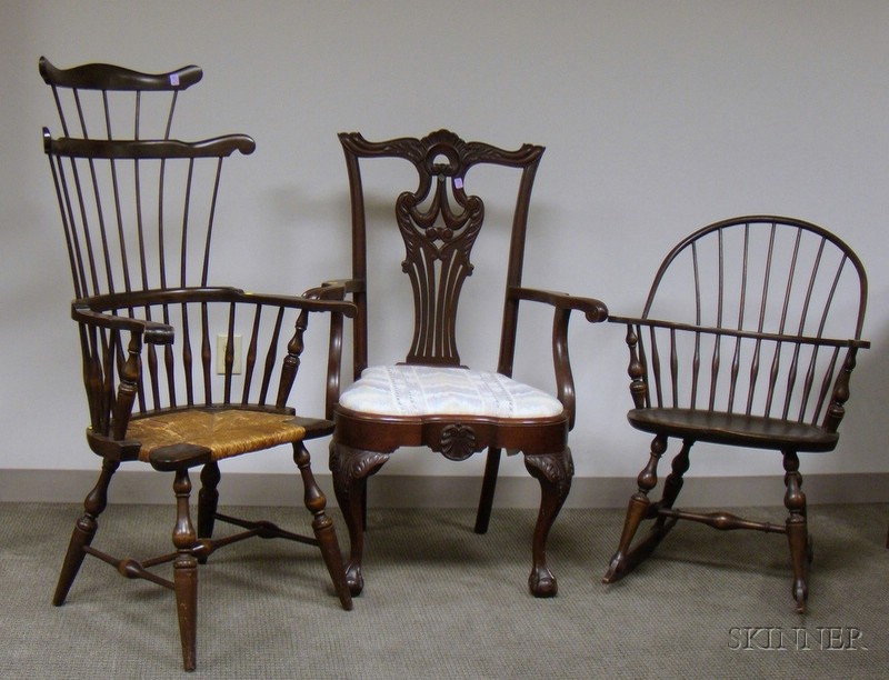 Appraisal: Three Colonial Revival Chairs a Windsor sack-back armrocker impressed a