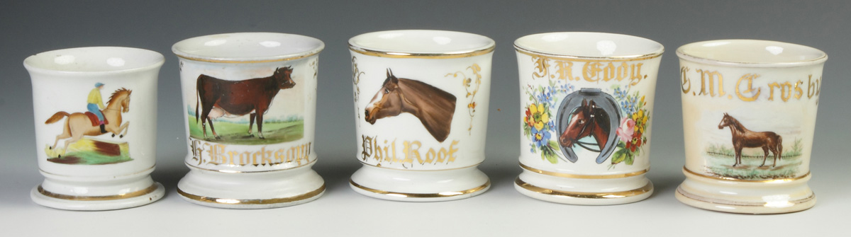 Appraisal: Five Vintage Horse Occupational Shaving Mugs L to R Steeplechase