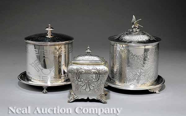 Appraisal: Three English Victorian Silverplate Biscuit Boxes one with floral and