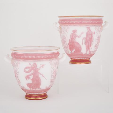 Appraisal: Pair of Baccarat Pink Opaline Cameo Glass Two-Handled Vases c