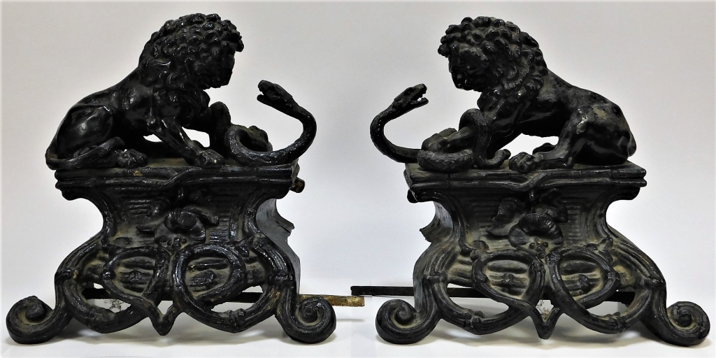 Appraisal: C FRENCH IRON LION SERPENT FIREPLACE CHENETS France th CenturyOpposing