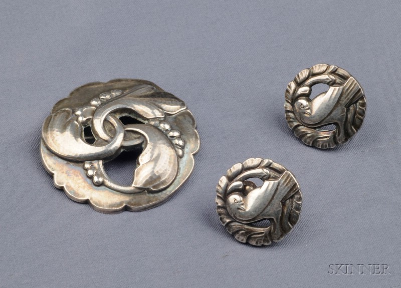 Appraisal: Sterling Silver Brooch and Earrings Georg Jensen the circle brooch