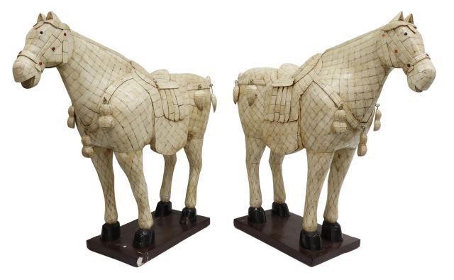 Appraisal: pair Large standing Tang style tiled bone horses having etched