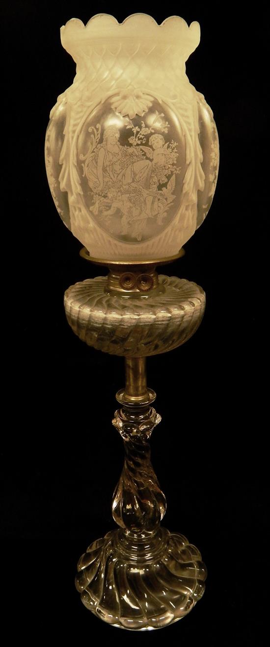 Appraisal: th C fluid table lamp with frosted shade baccarat-style base