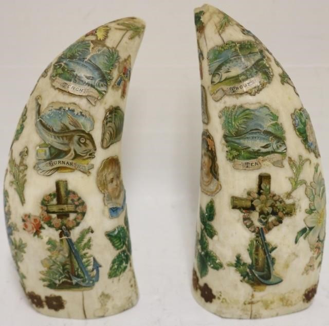 Appraisal: PAIR OF LATE TH C WHALES TEETH WITH VICTORIANDECOUPAGE DECORATION