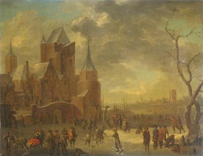 Appraisal: Dutch School c Winter lake scene with skaters by a