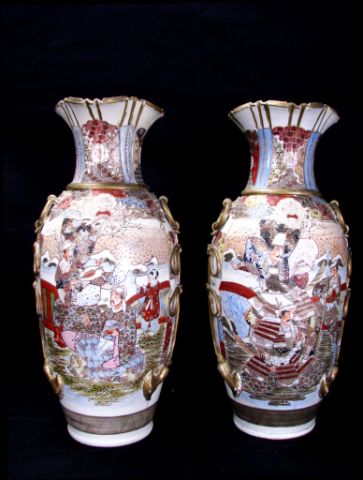 Appraisal: Pair of large Satsuma urns in Kyoto style tall depicting