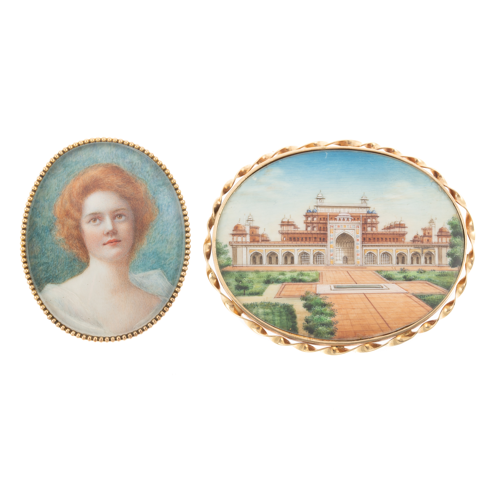 Appraisal: TWO VICTORIAN HAND-PAINTED BROOCHES IN K K yellow gold hand