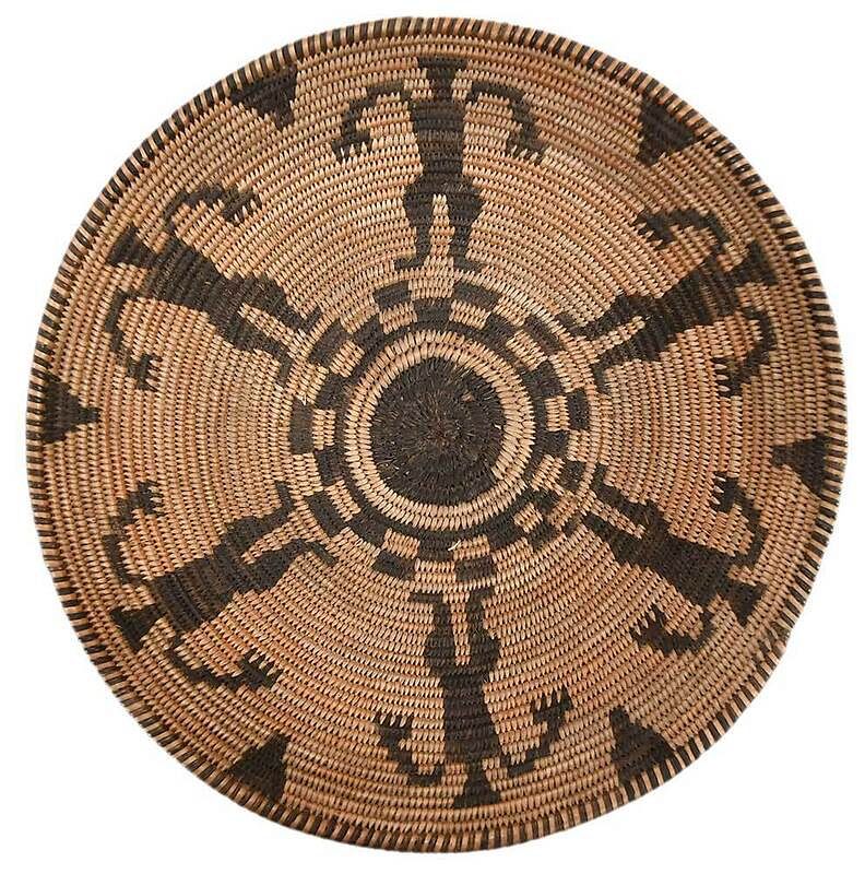 Appraisal: Apache Coiled Basket Tray with Figures American Southwest early th