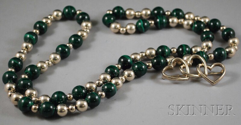 Appraisal: Two Jewelry Items a silver and malachite beaded necklace and