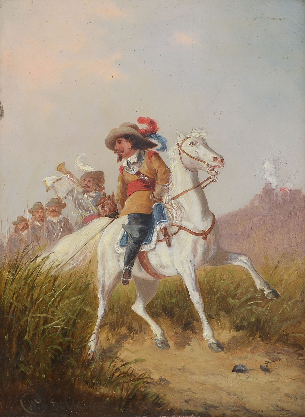 Appraisal: ILLEGIBLY SIGNED MILITARY PAINTING SOLDIERS ON HORSEBACK Oil Wood Panel