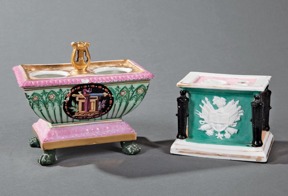 Appraisal: Two Paris Polychrome and Gilt Porcelain Inkwells mid- th c