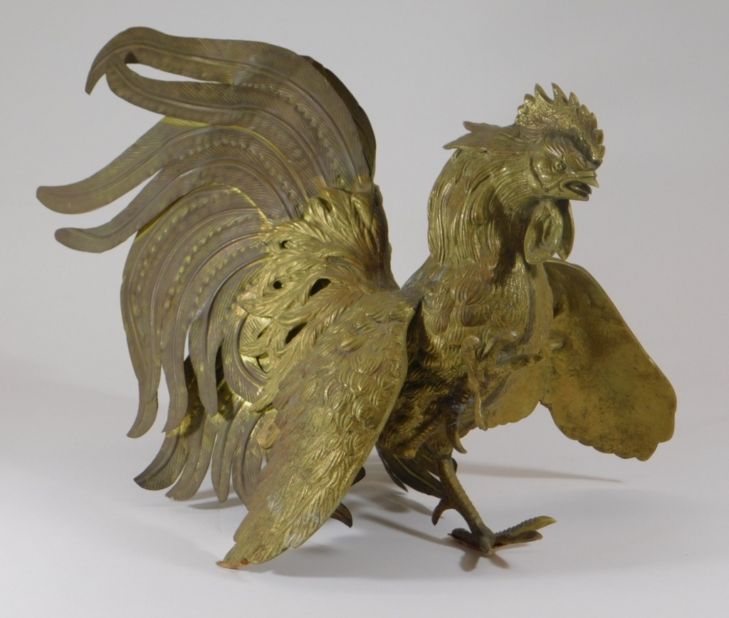 Appraisal: CHINESE BRASS FIGHTING ROOSTER SCULPTURE China th CenturyModeled in an