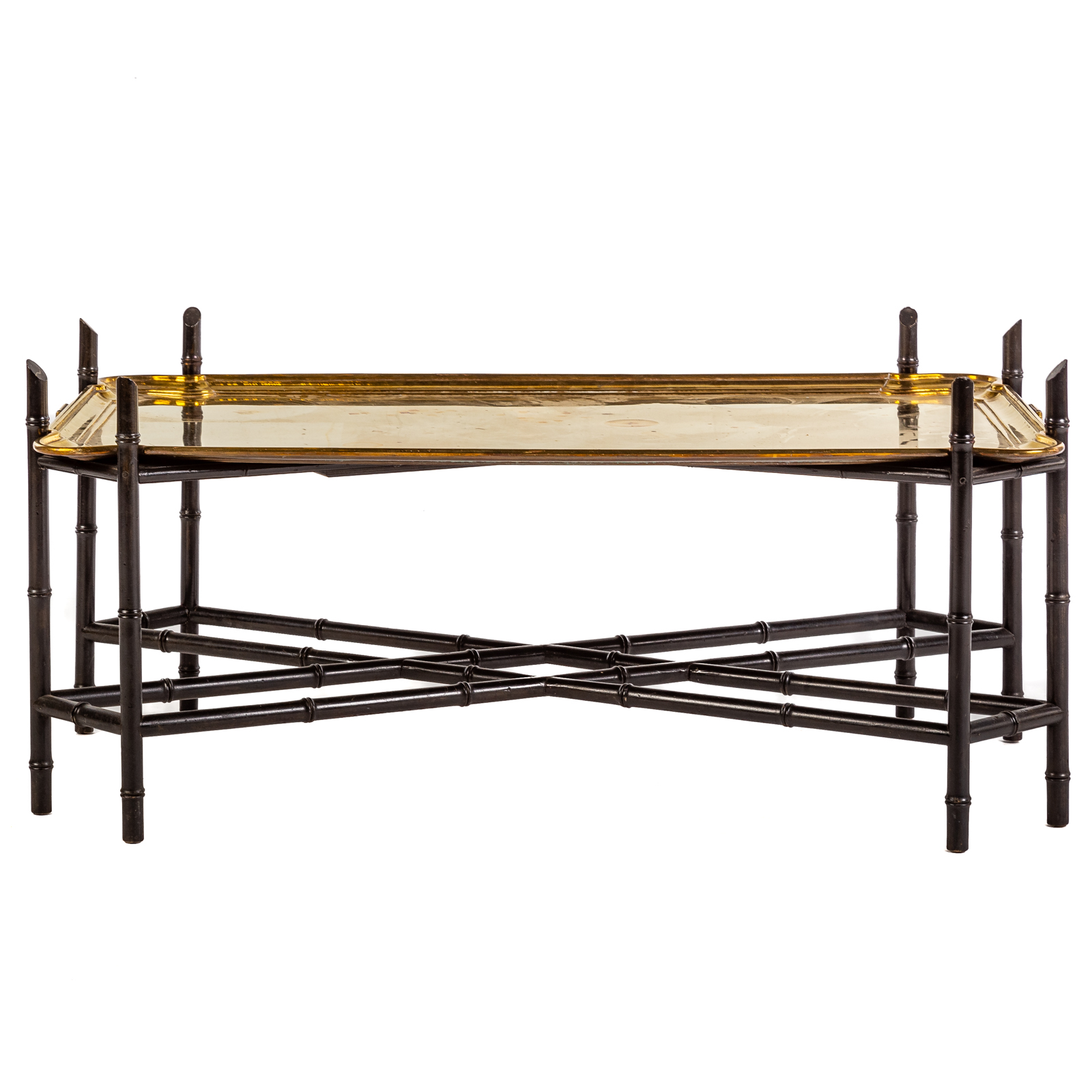 Appraisal: LARGE BRASS TOP EBONIZED BAMBOO STYLE COFFEE TABLE th century