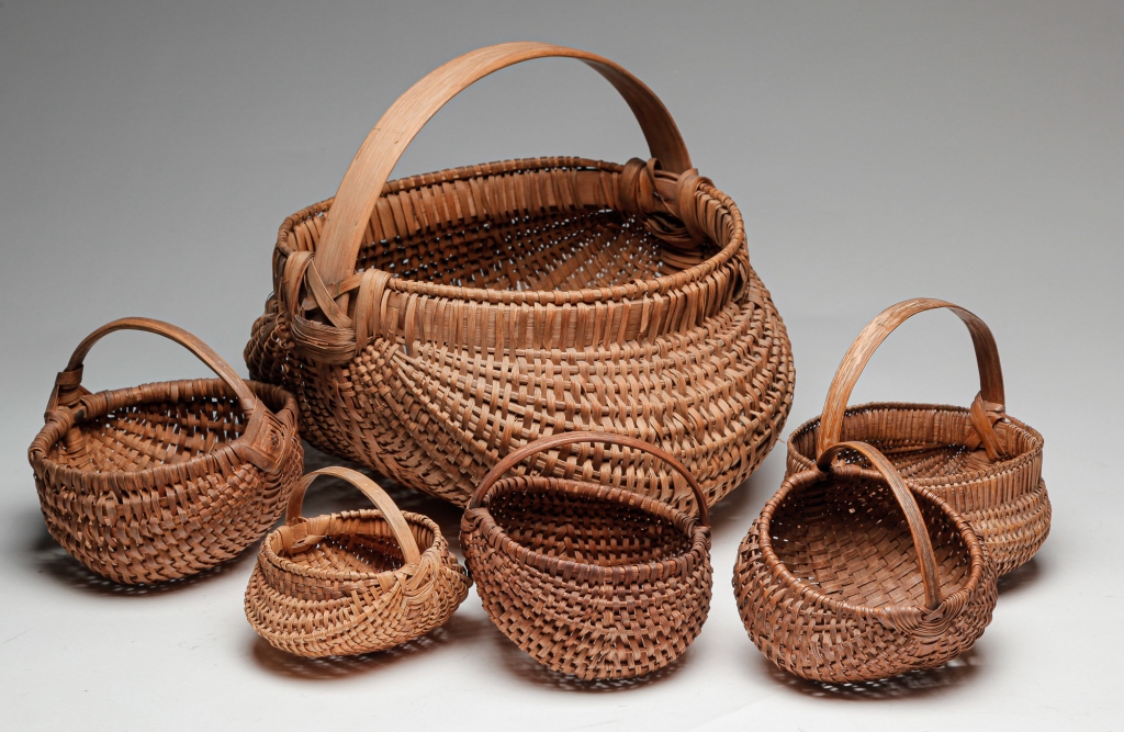 Appraisal: SIX AMERICAN BUTTOCKS BASKETS Twentieth century Woven splint and bentwood