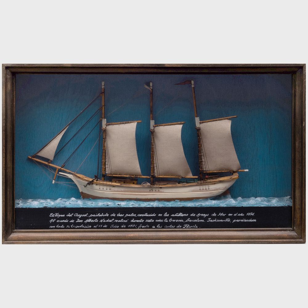 Appraisal: Three Masted Ship Shadow Box Possibly Spanish Inscribed in Spanish