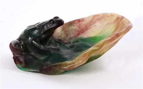 Appraisal: Daum pate-de-verre frog dish by Almeric Walter perched frog on