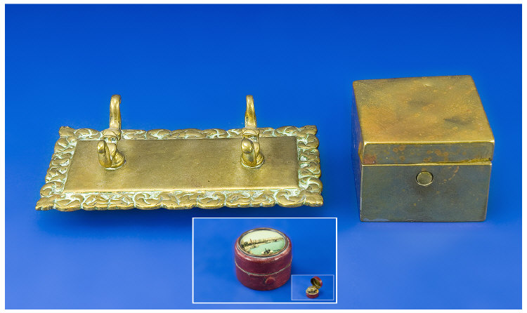 Appraisal: Cylindrical Leather Covered Travelling Inkwell with brass interior depicting a