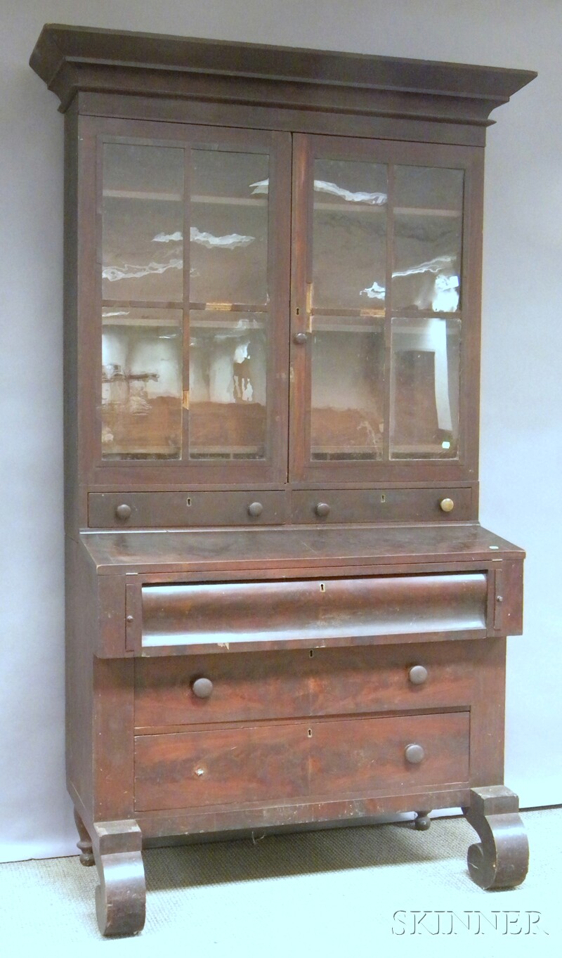 Appraisal: Empire Glazed Mahogany Veneer Writing Desk Bookcase in two parts