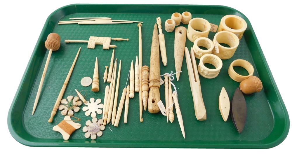 Appraisal: Whale bone and ivory assortment pieces of sewing and sail