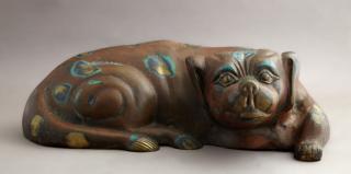 Appraisal: Oriental Polychromed and Patinated Bronze Recumben Oriental Polychromed and Patinated