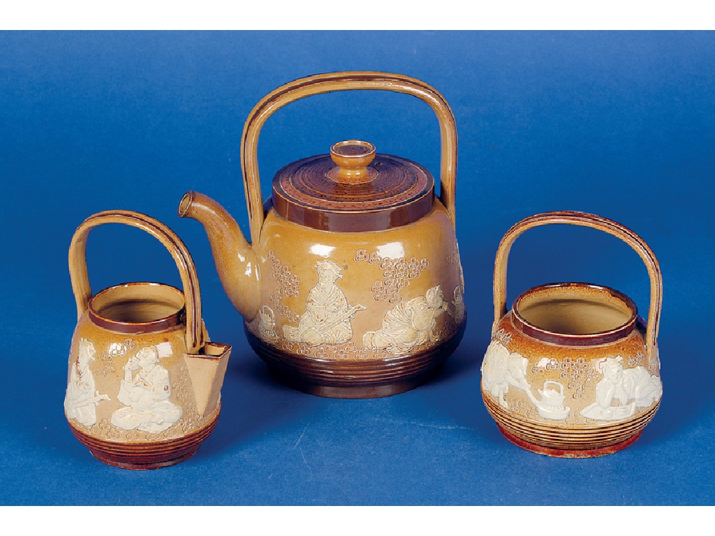 Appraisal: A DOULTON LAMBETH STONEWARE THREE PIECE TEA SET decorated in