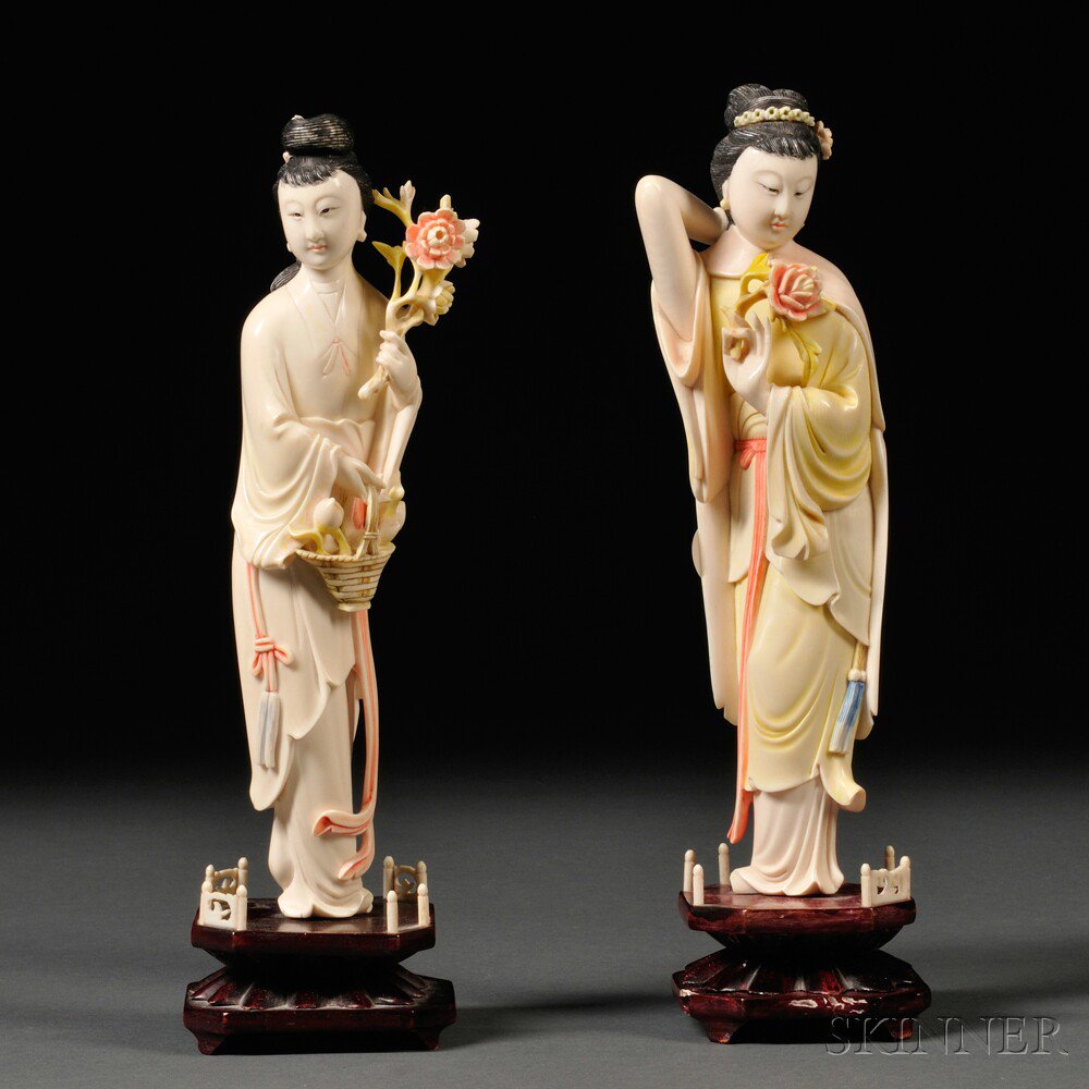 Appraisal: Two Polychrome Ivory Standing Women on Wood Stands China each