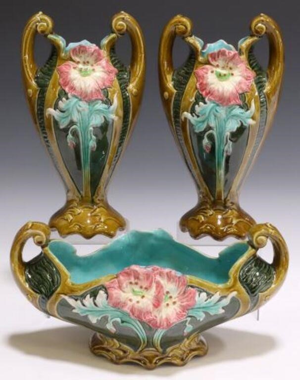 Appraisal: lot of French Art Nouveau majolica garniture set in the