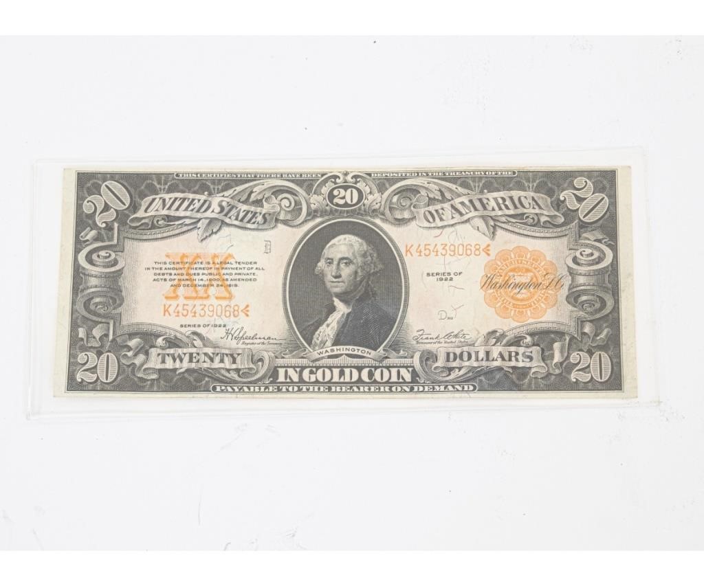 Appraisal: twenty dollar gold certificate AU