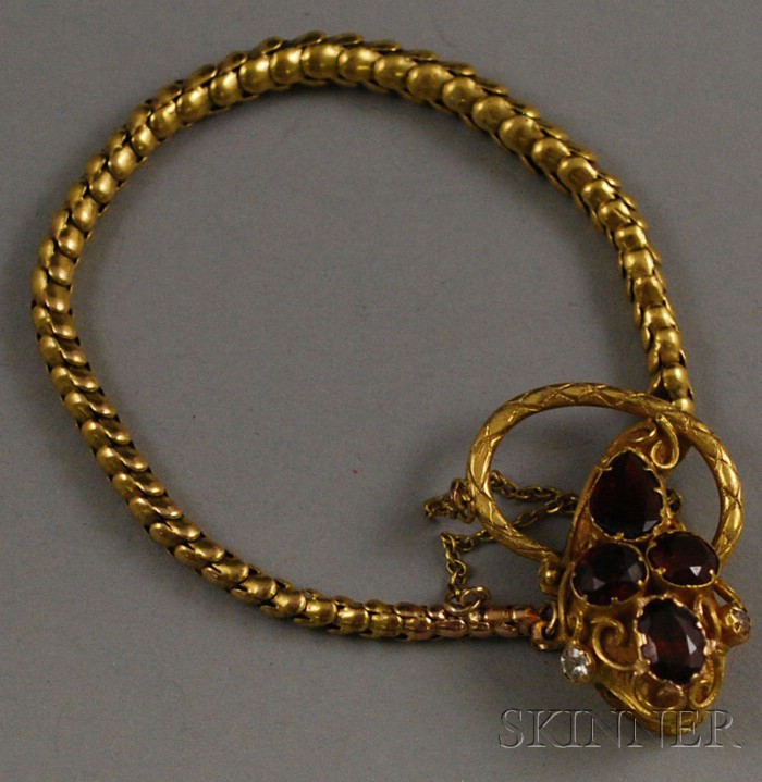 Appraisal: Antique Gold-tone Gemstone and Diamond Snake Bracelet