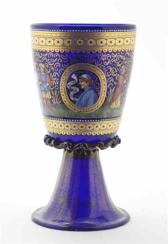 Appraisal: A Continental Enameled Cobalt Glass Goblet decorated with figures in