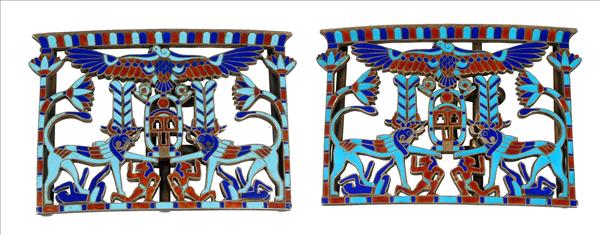 Appraisal: A pair of Egyptian Revival silver coloured gilt and enamelled