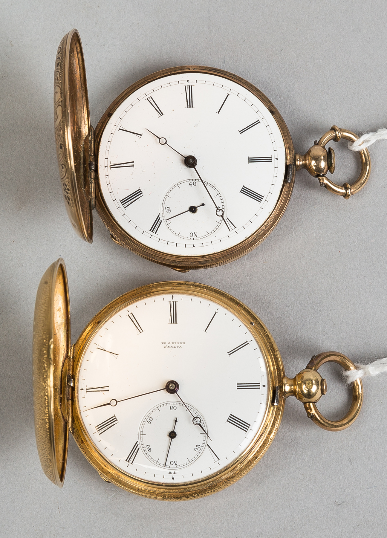 Appraisal: Two Gold Pocket Watches L-Ed Geiser k Gold with enameled