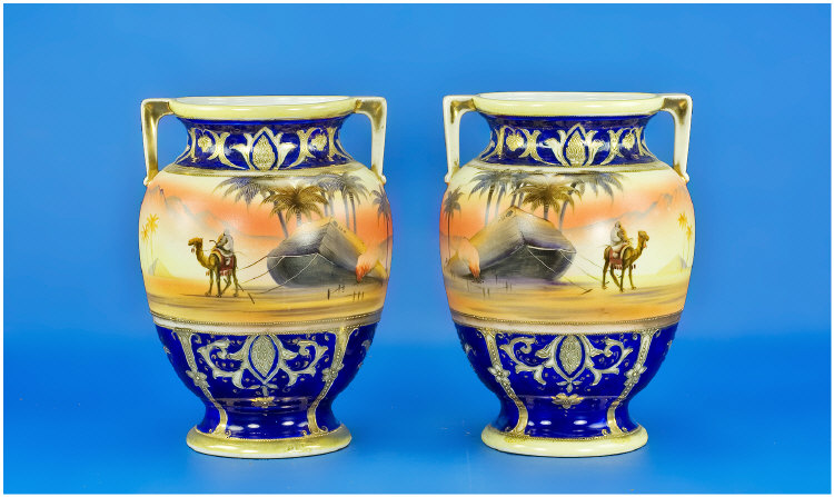 Appraisal: Pair of Two Handled Noritake Vases painted scened of figures