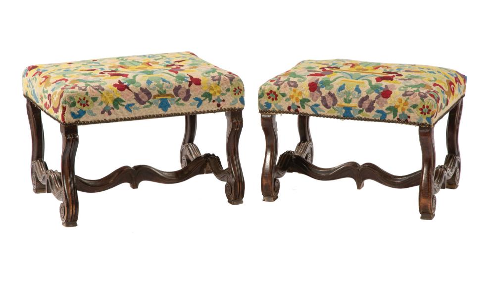 Appraisal: Pair of Italian Carved Walnut and Needlepoint Stools th c