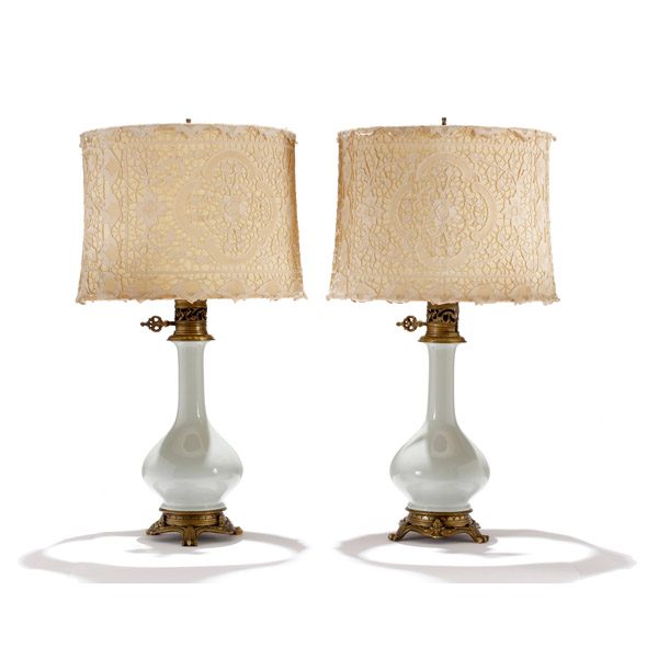 Appraisal: Pair celadon vases mounted as lamps with French lace shades