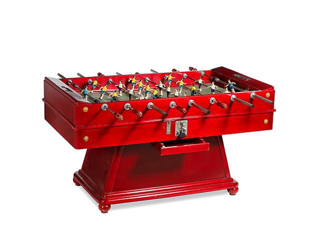 Appraisal: A RED STAINED WOODEN TABLE FOOTBALL TABLE with painted metal