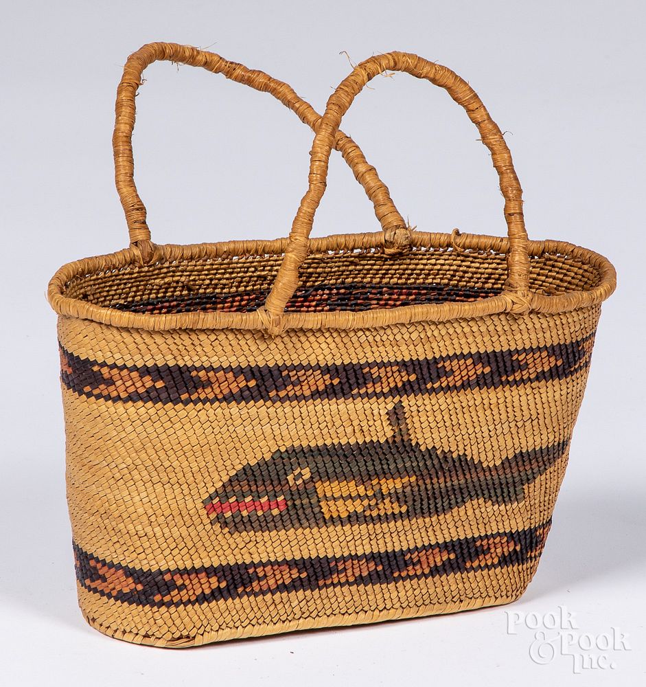 Appraisal: Makah Indian handled basket Makah Indian handled basket with polychromed