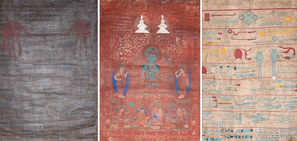 Appraisal: Group of three various Sino-Tiebetan painted thangkas depicting various implements