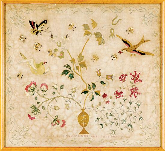 Appraisal: English silk on linen sampler dated wrought in silk thread