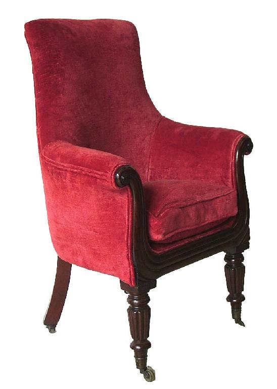 Appraisal: Good Regency mahogany lyre frame armchair with red velvet upholstery