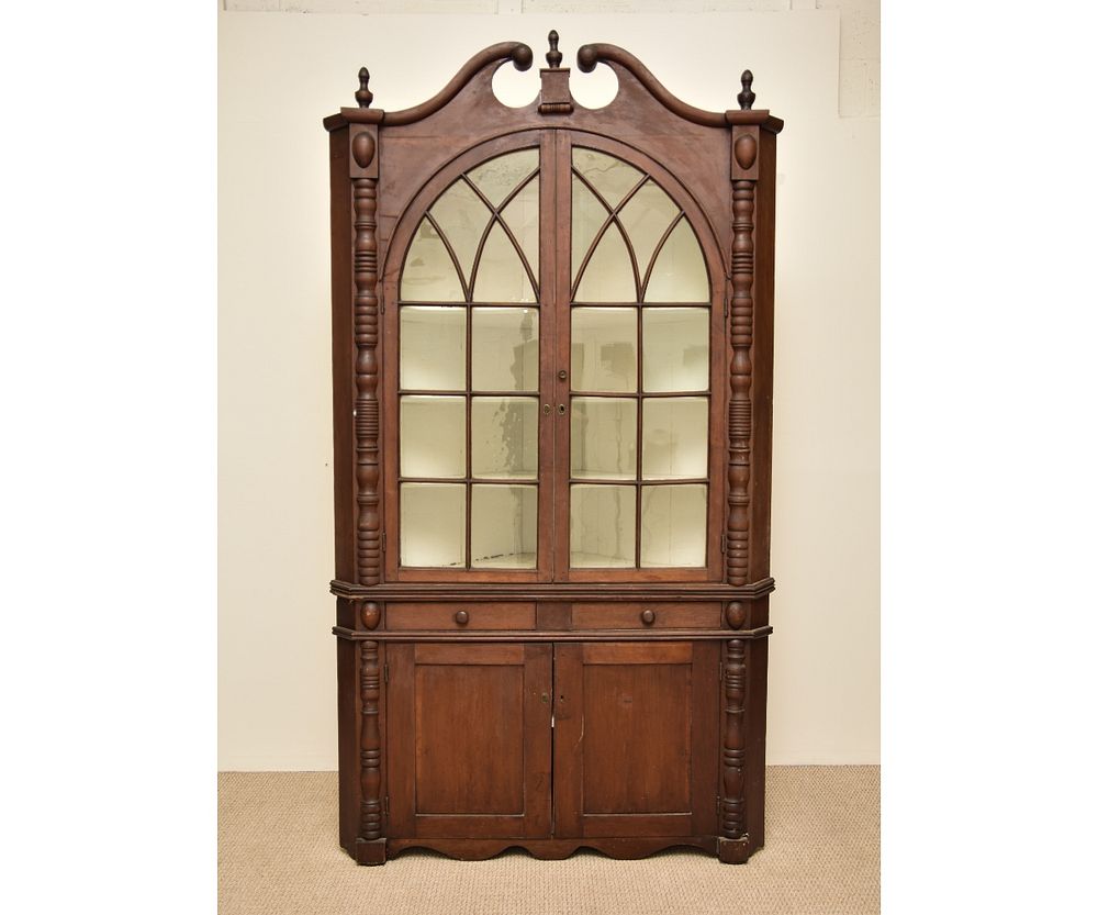 Appraisal: Large Cherry Corner Cupboard Large cherry two-piece corner cupboard circa